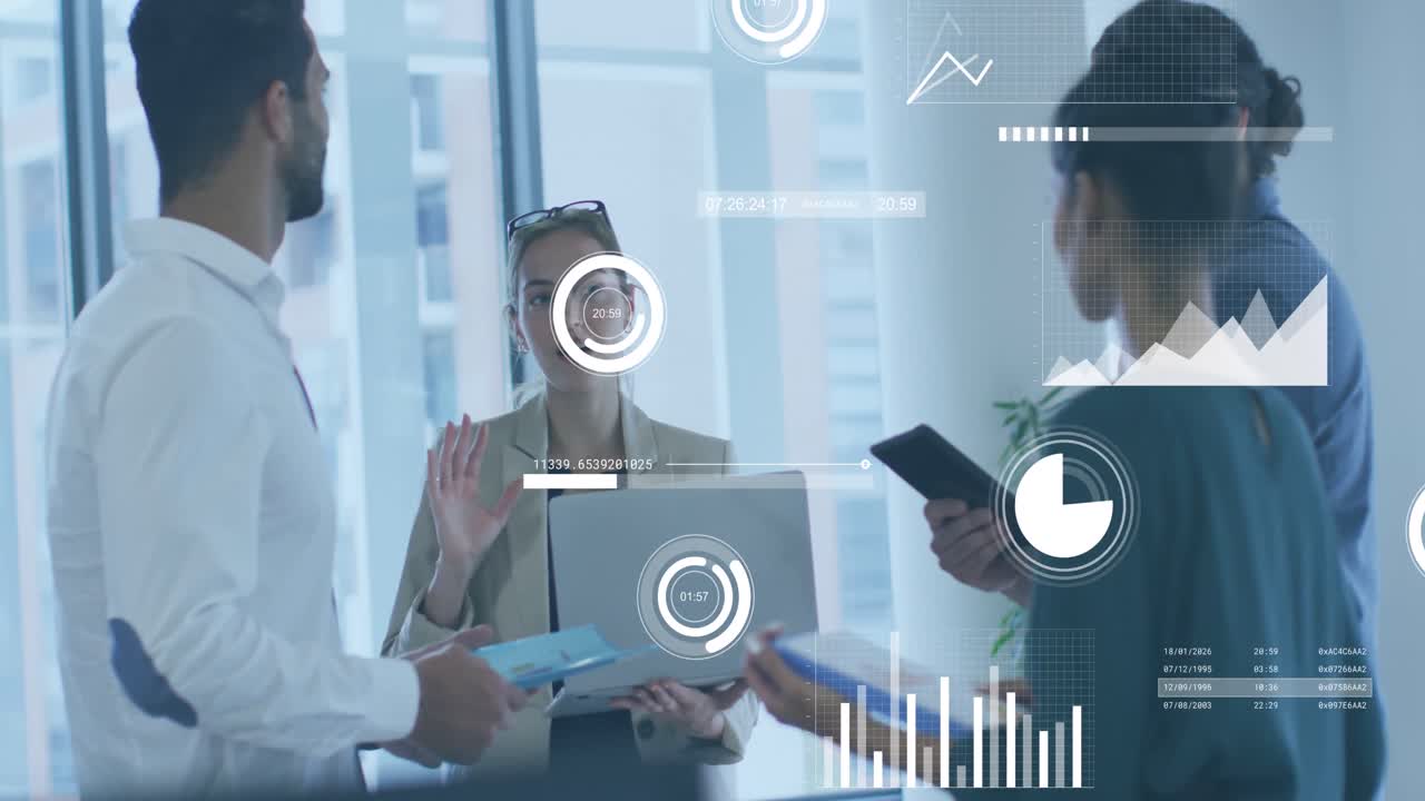 Animation of statistical data processing over diverse businesspeople discussing together at office