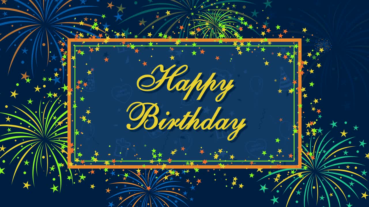 feliz cumpleaños con fuegos artificiales y estrellas
