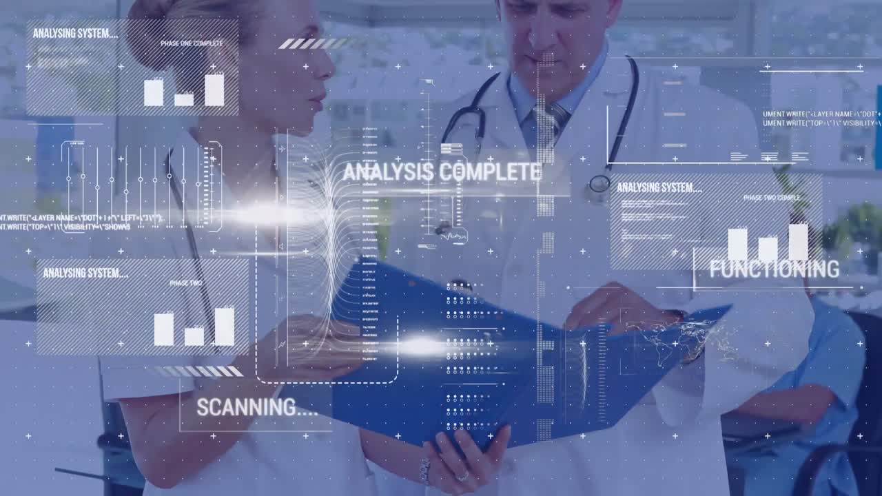 Animation of data processing over caucasian male and female doctors discussing at hospital