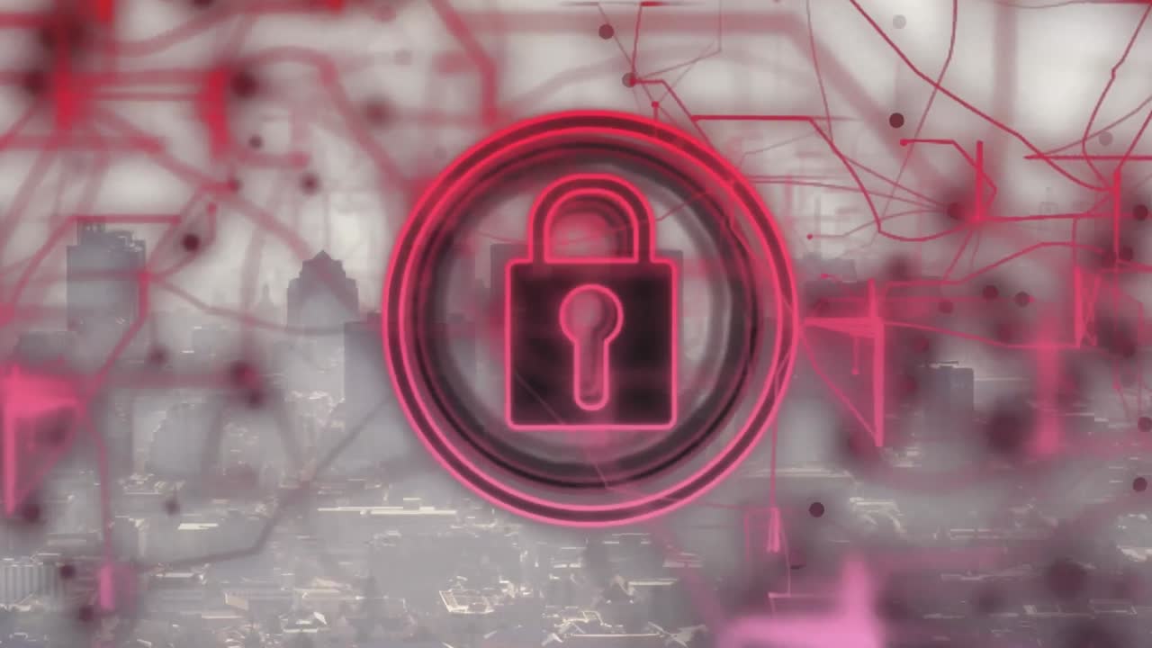 animación de un candado en círculo con líneas sobre una vista aérea del paisaje urbano