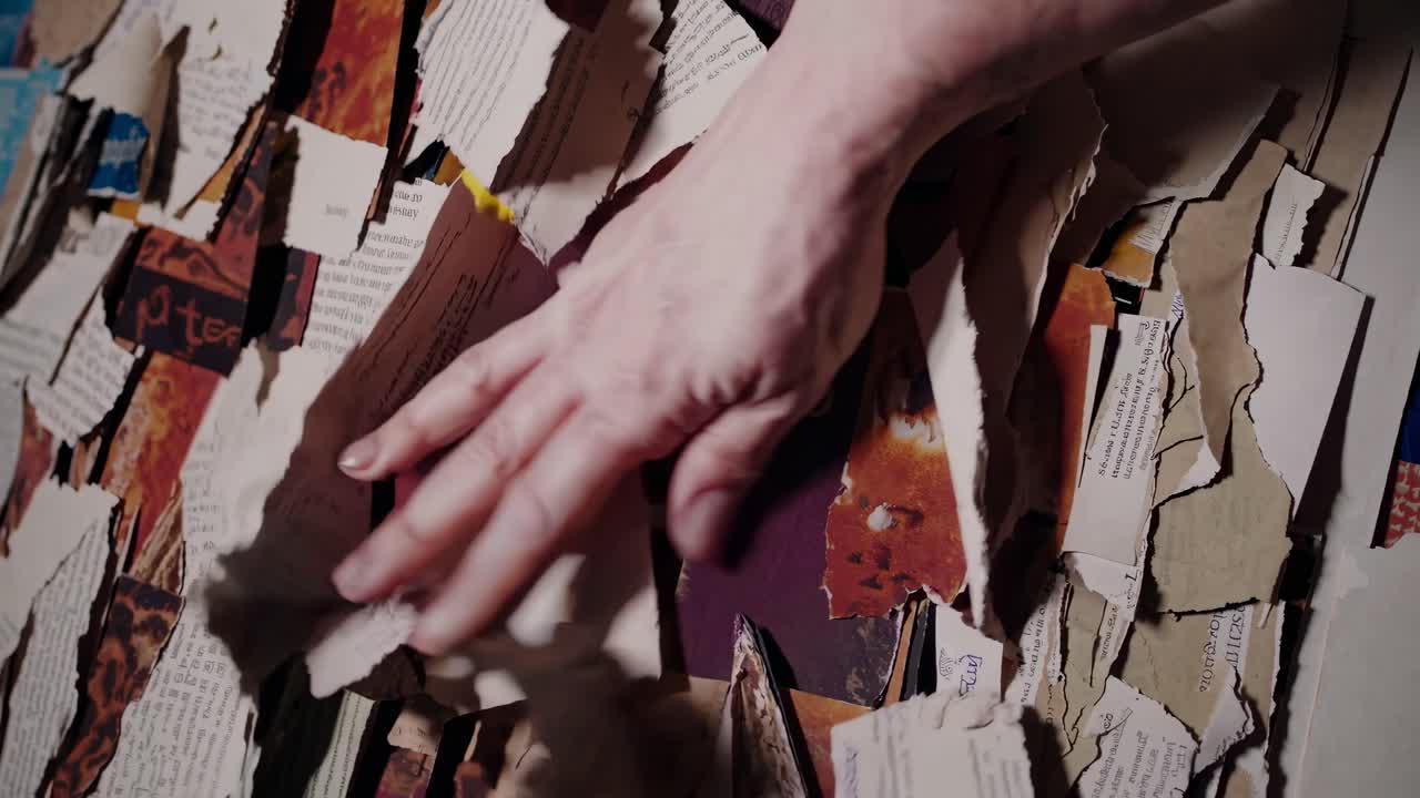 Close-up video of a hand tearing paper from a collage. Dynamic angle captures the textured layers
