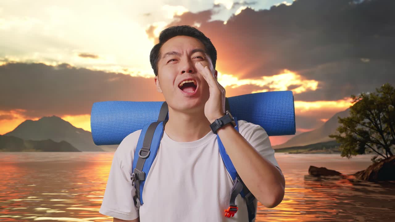 Close Up Of Asian Male Hiker With Mountaineering Backpack Screaming Holding Hands Near His Mouth At A Lake