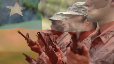 animation of flag of chile over diverse male soldiers with weapons