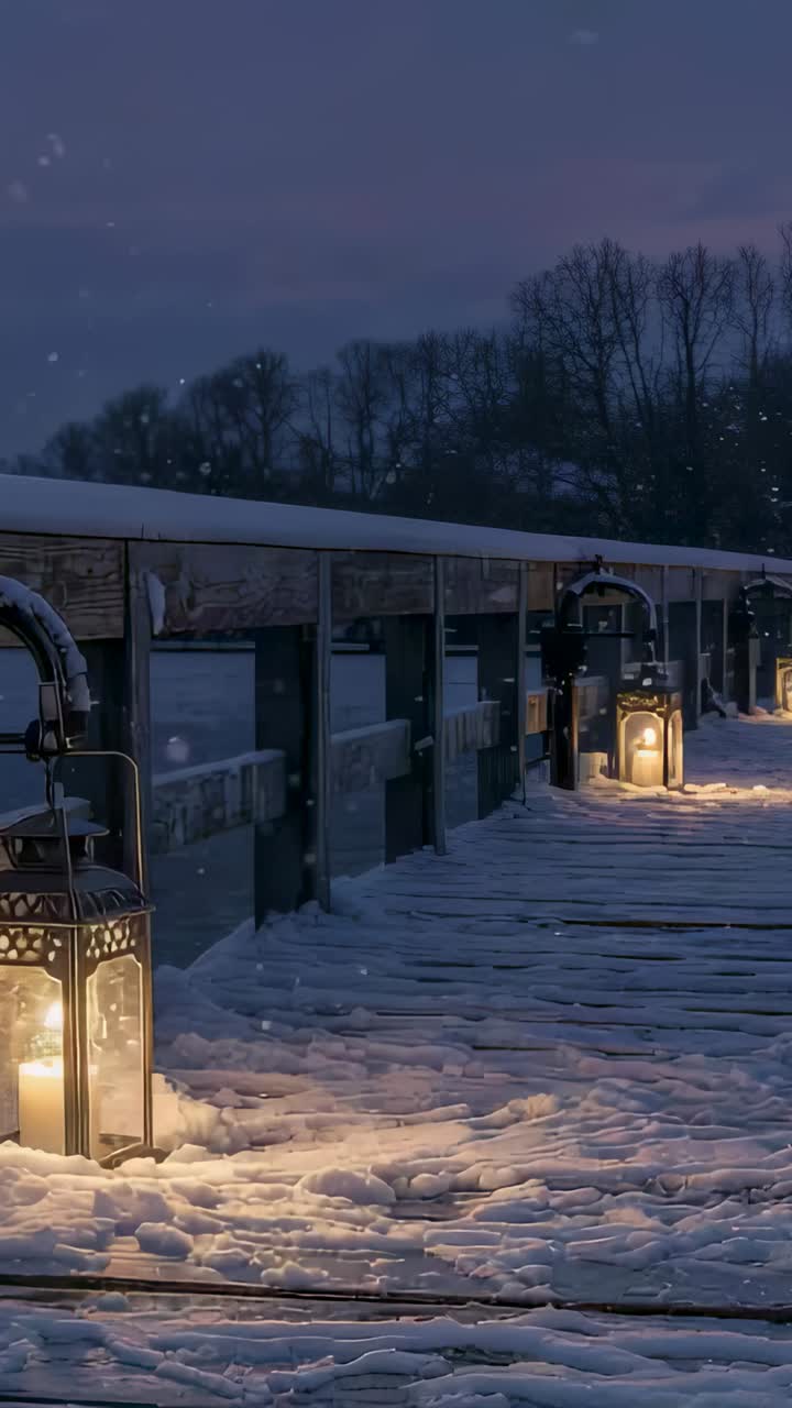 Vertical video: Moving camera along snowy wooden pier revealing lit metal lanterns, warming snow