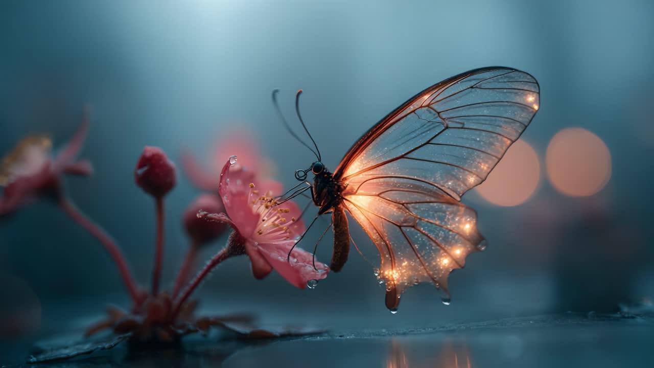 A Captivating Scene of a Luminescent Butterfly Perched on a Delicate Flower, Showcasing Nature's Beauty and the Magic of Light in a Misty Atmosphere