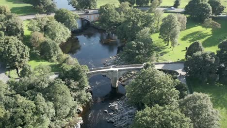 An aerial view of the Devil&#039;s Bridge at Kirkby Lonsdale on a summer evening, Yorkshire, England, UK