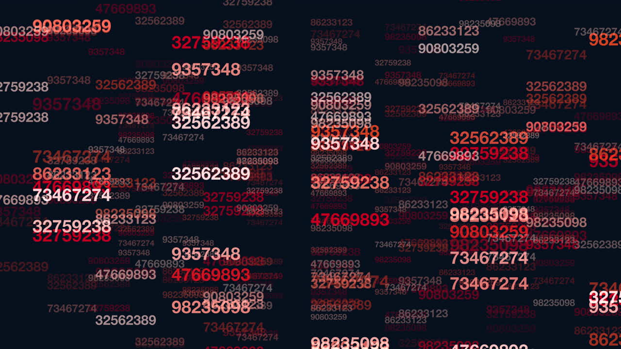 Dynamic footage of glowing red numbers moving across a dark digital background, representing big data, analytics, cyber security and financial technology concepts for modern tech projects