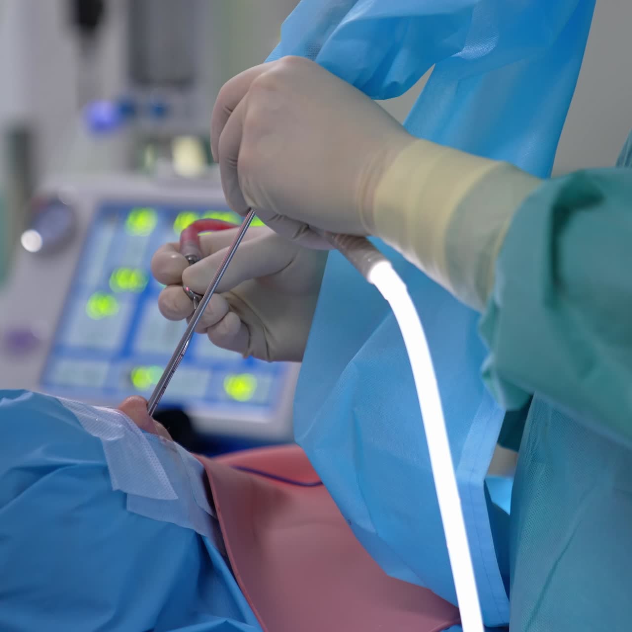 Surgery in a nose. Doctor operates patient with special sterile medical instruments. Operative process with surgical tools. Close-up