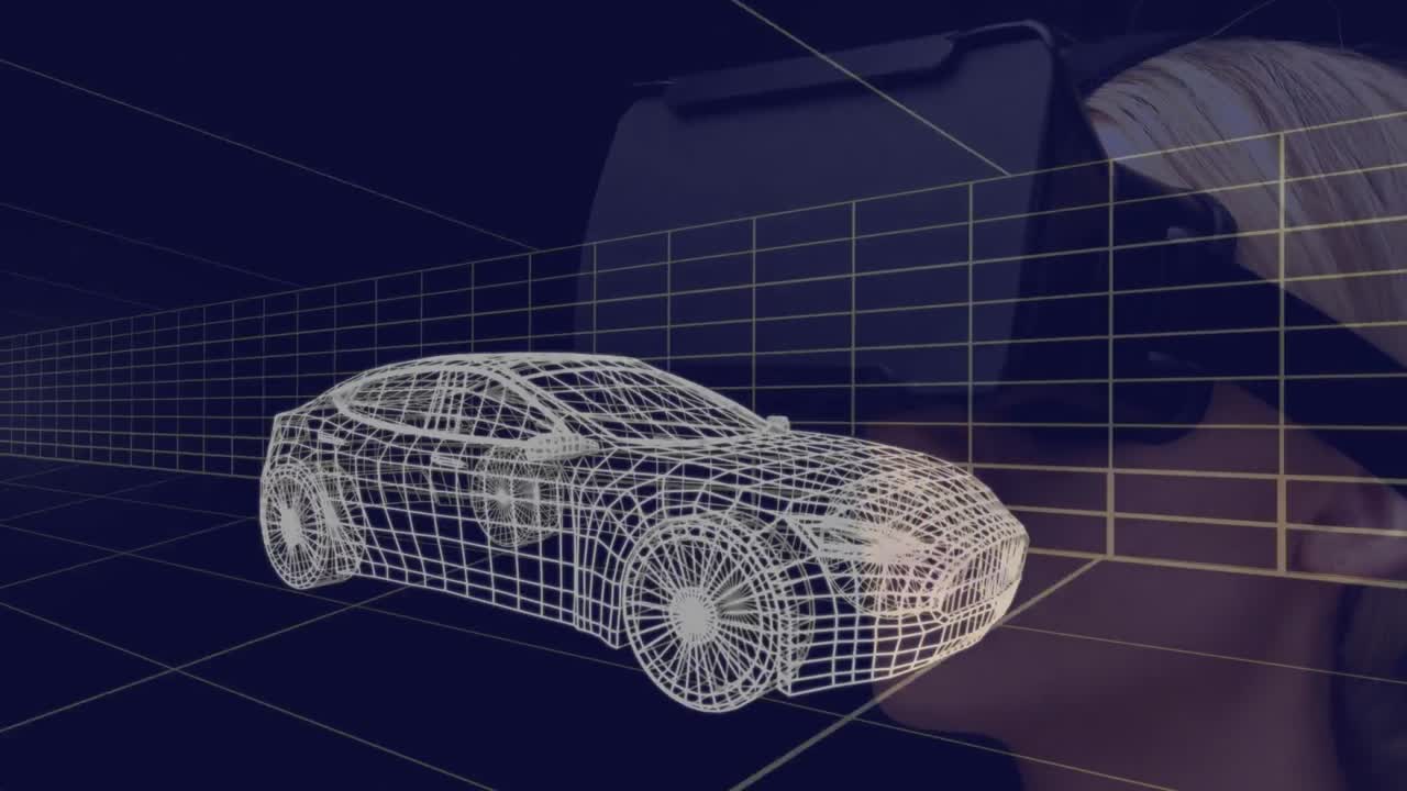 animación de un dibujo de coche en 3d sobre una mujer con auriculares vr