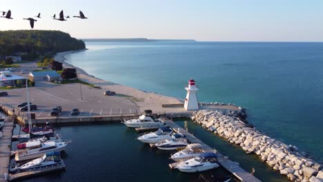 drone view of boats docked in the harbor of georgian bay, ontario, canada