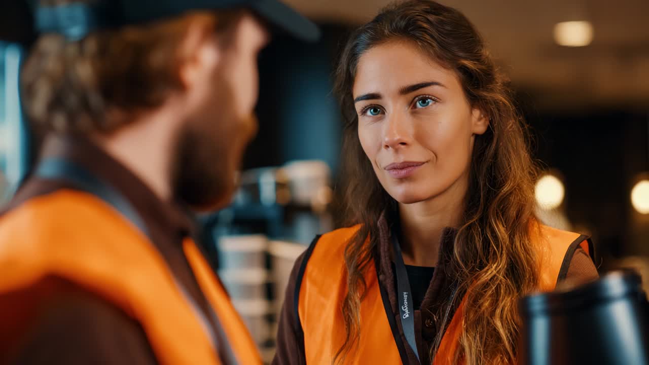 Engaging Conversation Between Two Individuals in Uniform: A Focused Discussion Highlighting Expressions and Connection in a Modern Work Environment