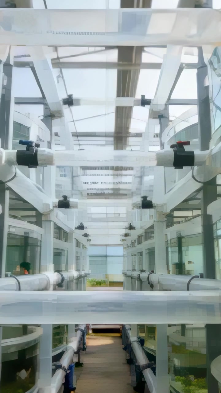 Vertical video: Moving camera revealing PVC pipes and tiered tanks in lab aisle checking fish
