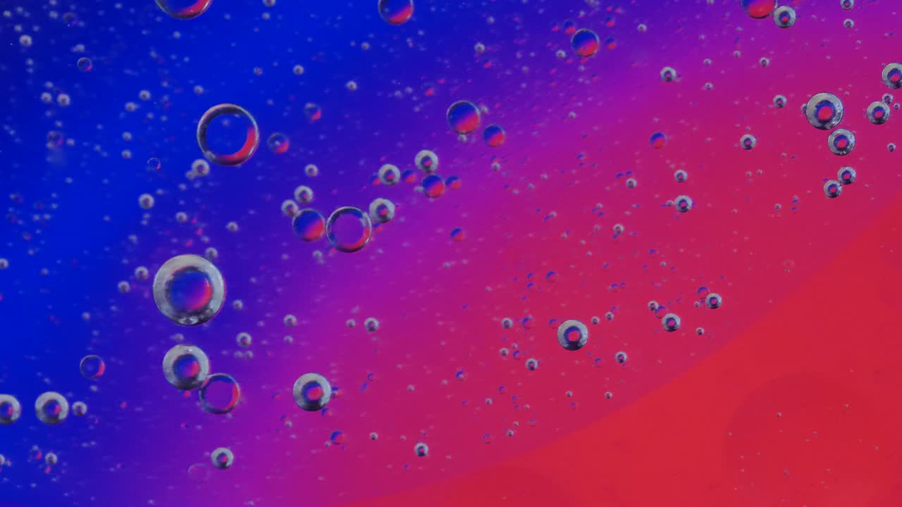 OL bubbles swim on the surface of water and are illuminated from behind with changing light