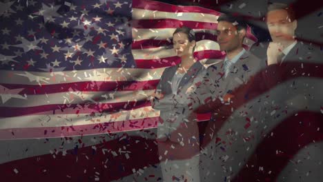 Animation-of-confetti-falling-over-business-people-and-american-flag