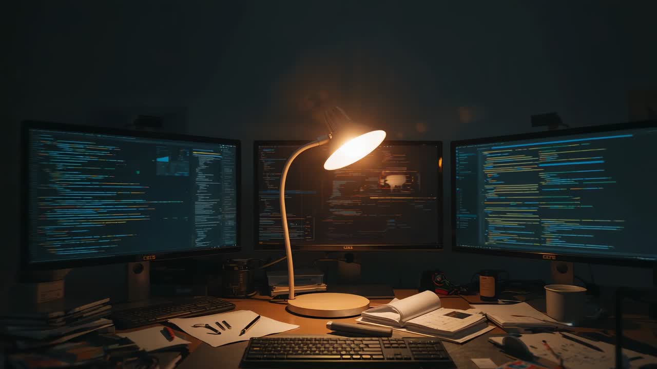 Tilting desk lamp casting warm light over triple monitor workstation, revealing scrolling code