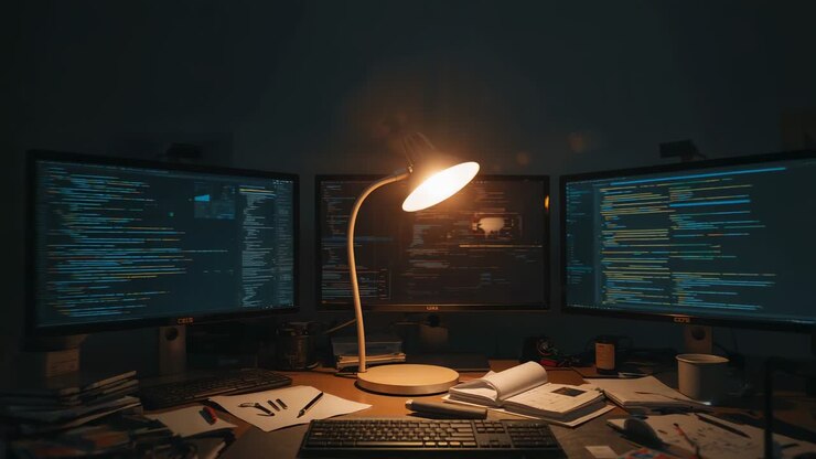 Tilting desk lamp casting warm light over triple monitor workstation, revealing scrolling code