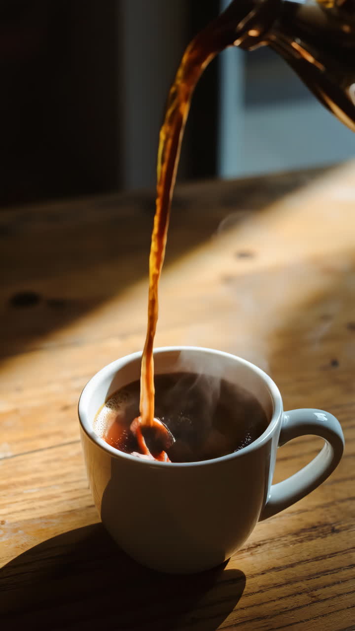 Pouring Fresh Coffee into a White Mug on a Wooden Table