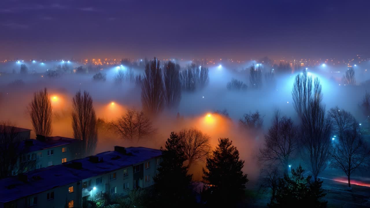 A Mystical Evening in Fog-Laden Landscape: Urban Residences Enveloped in Ethereal Mist and Dappled Lights Offering a Serene Yet Enigmatic Nighttime View