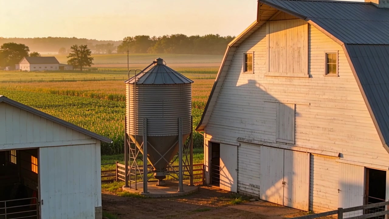 Câmera panorâmica mostrando um celeiro branco com telhado de duas águas em uma fazenda, com silo de metal, para mostrar a névoa se dissipando.