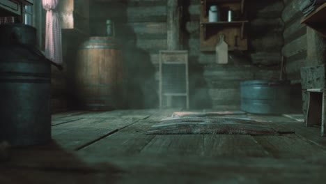 dark interior of retro log house