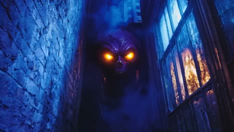 a creepy looking creature in a dark alleyway at night