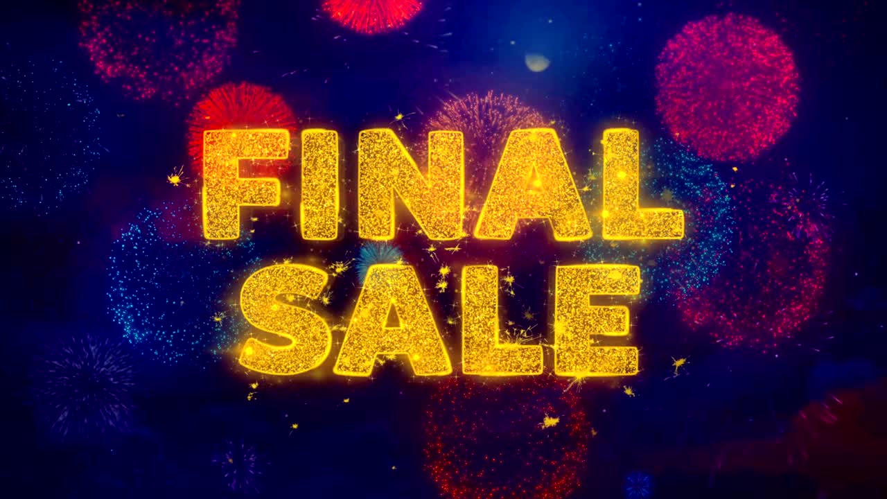 texto final de venta sobre partículas de explosión de fuegos artificiales de colores.