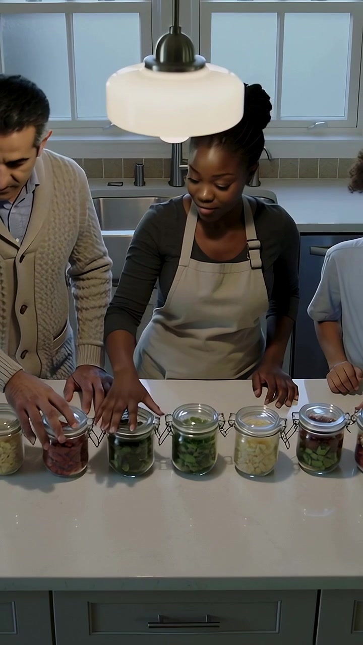 Vertical video: Meal prep starting center woman in apron securing six jars on kitchen island