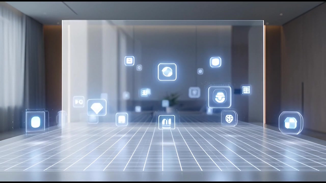 Fremtidsorienteret holografisk interface med digitale ikoner i et moderne rum