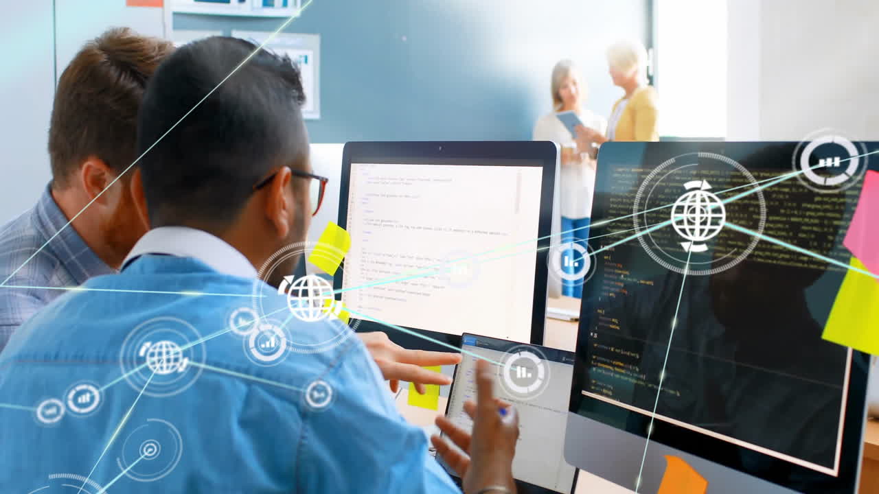 animación de la red de conexiones con íconos sobre diversos colegas masculinos hablando en la oficina