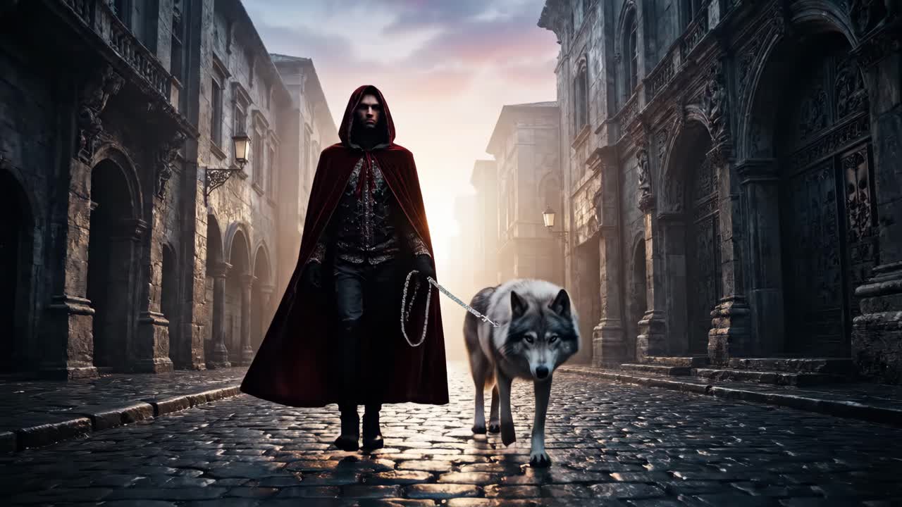 A mysterious figure walking a wolf through a historical city street