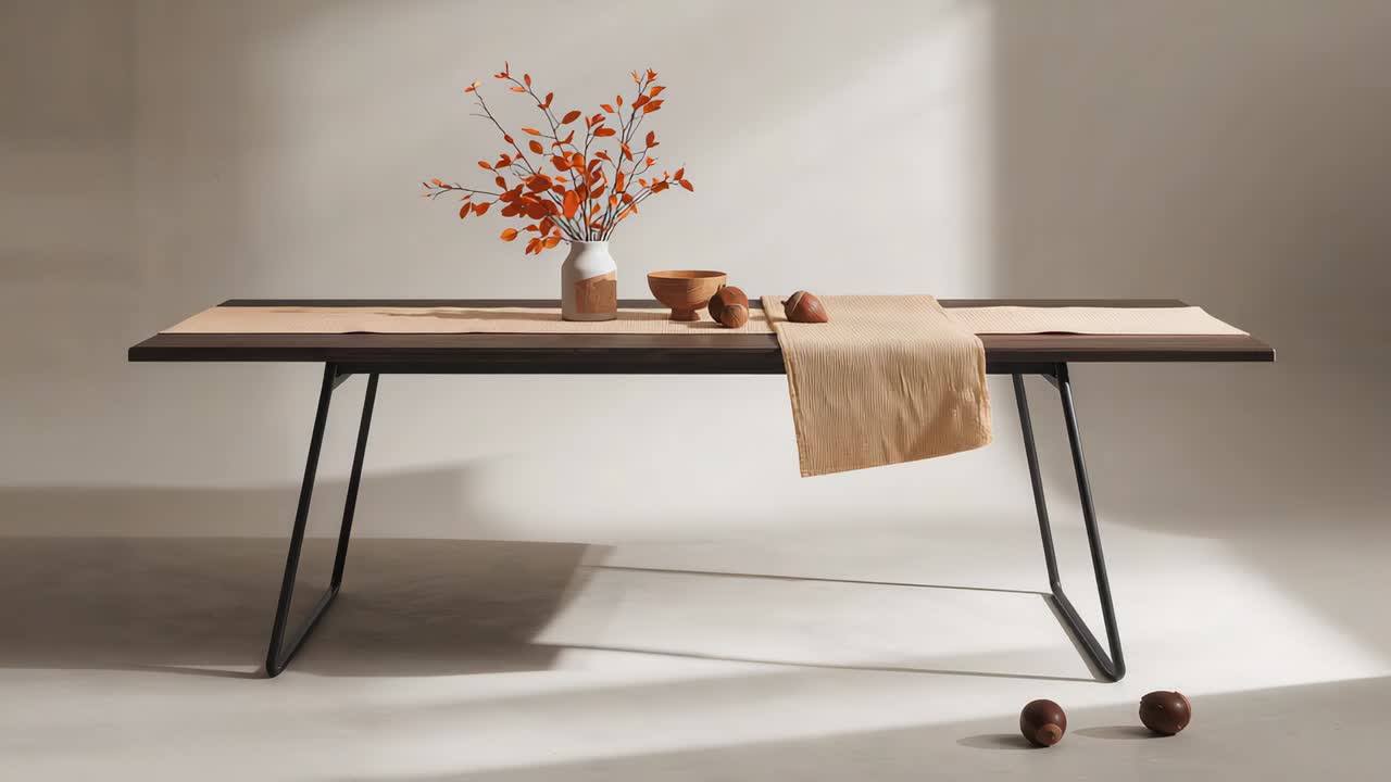 Zooming camera tightening frame on styled wooden table at showroom, revealing vase and runner
