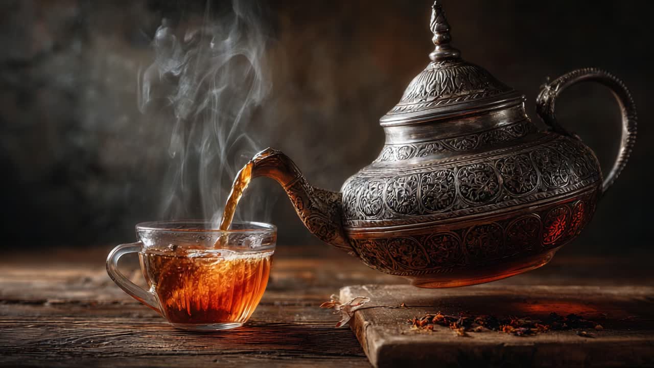 Hieno hopeinen teepannu kaataa kuumaa, aromaattista teetä lasiin luoden höyryä ja vangiten perinteisten juomarituaalien olemuksen kiehtovassa ympäristössä.