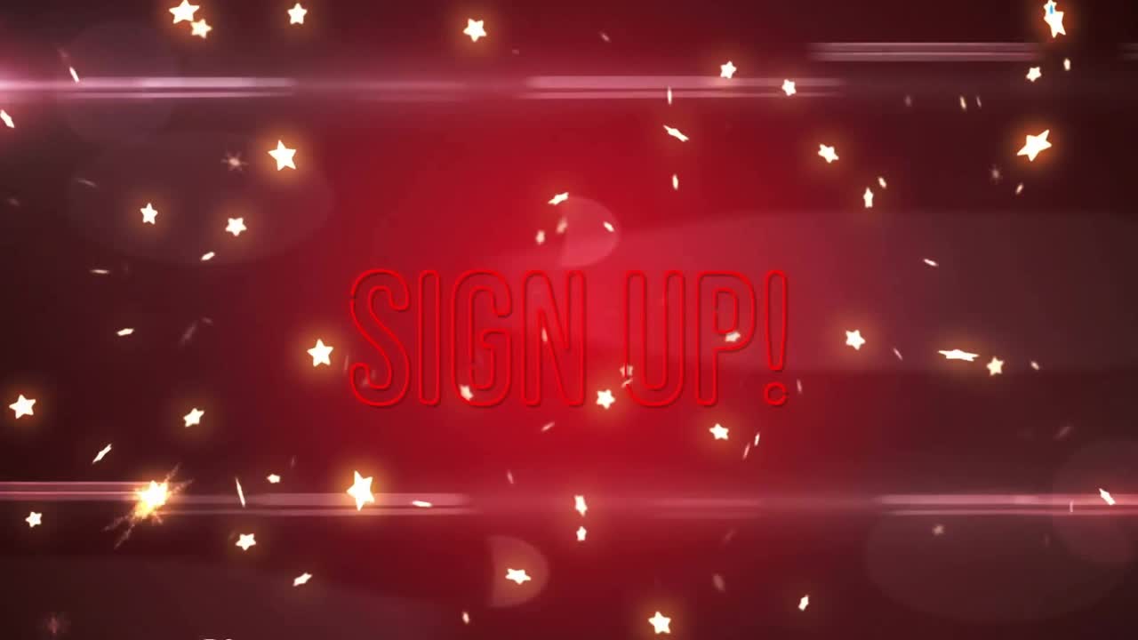 Banner in stile flat design che mostra un testo "Registrati" luminoso al neon, pulsante tra particelle stellari e bagliori dell'obiettivo.