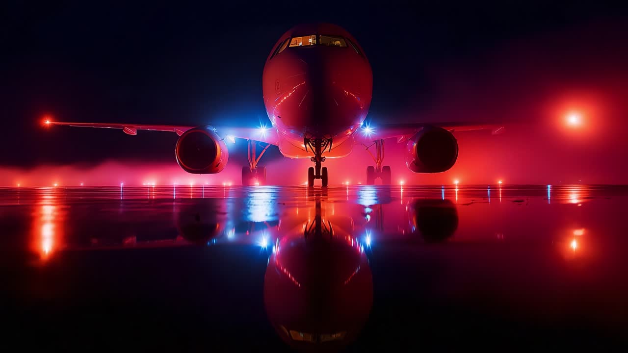 A stunning view of an aircraft illuminated by vibrant lights at night, showcasing its sleek design and reflective surface on a runway, creating a captivating and dramatic atmosphere