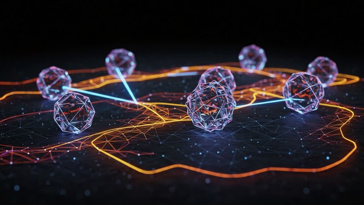 A futuristic digital representation showcasing interconnected geometric spheres within a vibrant network of lines and nodes, illustrating the concepts of connectivity and data flow
