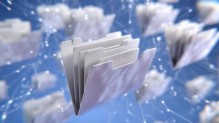 Digital Representation of File Folders Floating in a Network of Connections, Showcasing Data Management and Virtual Organization Concepts in a Technological Context