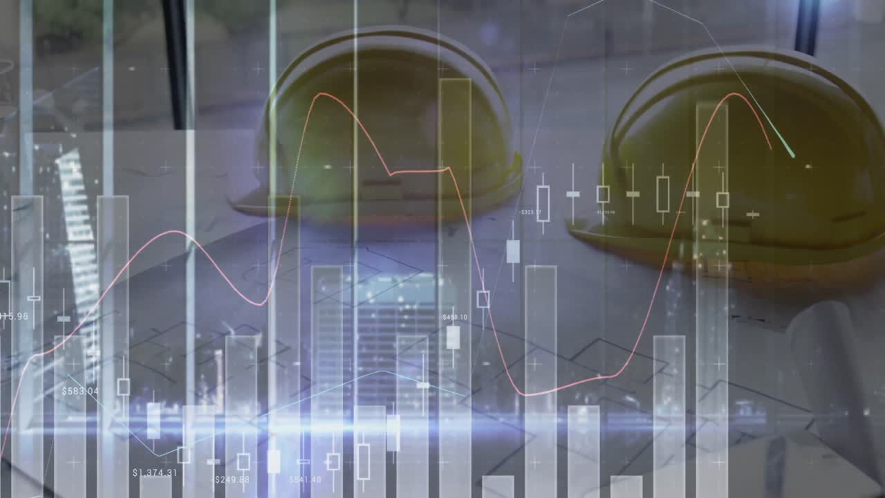 animación de estadísticas y procesamiento de datos sobre planes de arquitectos y cascos de seguridad