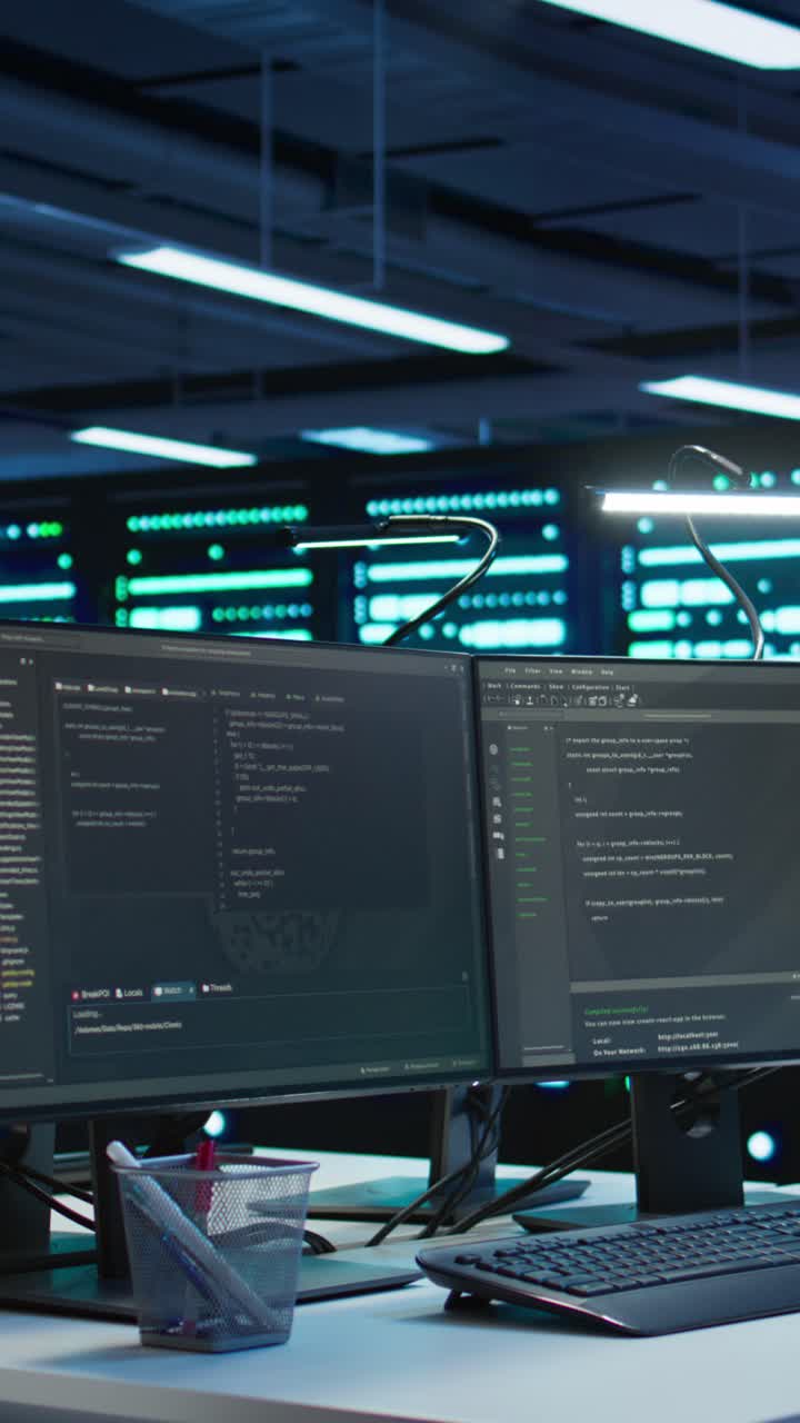 Dual Computer Monitors with Code in a Modern Data Center