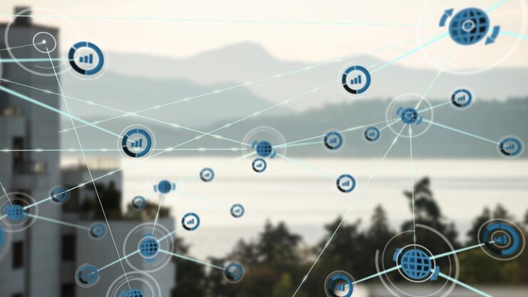 Animation of network of connections with icons over cityscape