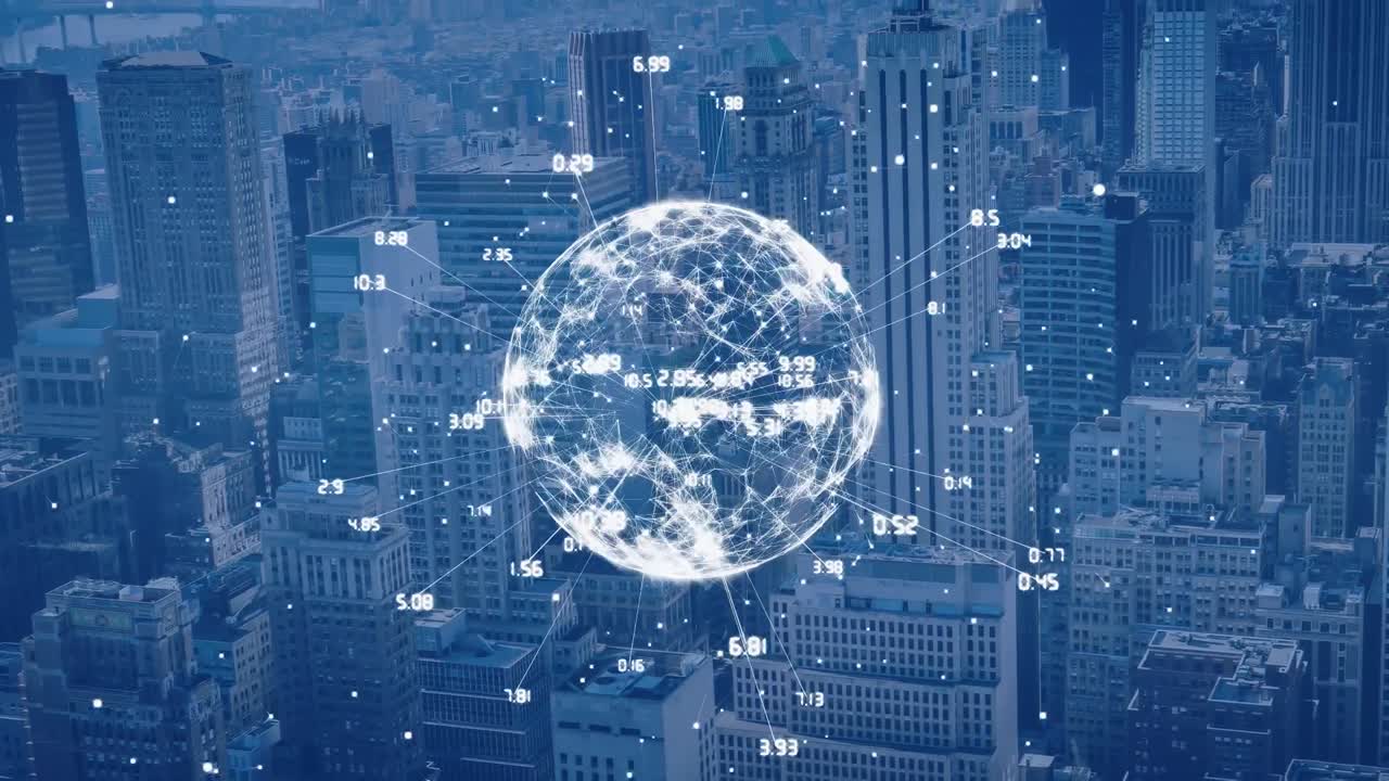 파란색 바탕에 도시 풍경에 대한 지구와 연결 네트워크의 애니메이션