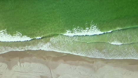 gentle waves from aquamarine ocean break onto sandy beach, aerial top down