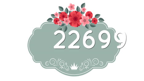 animación de números e iconos de flores sobre un fondo blanco