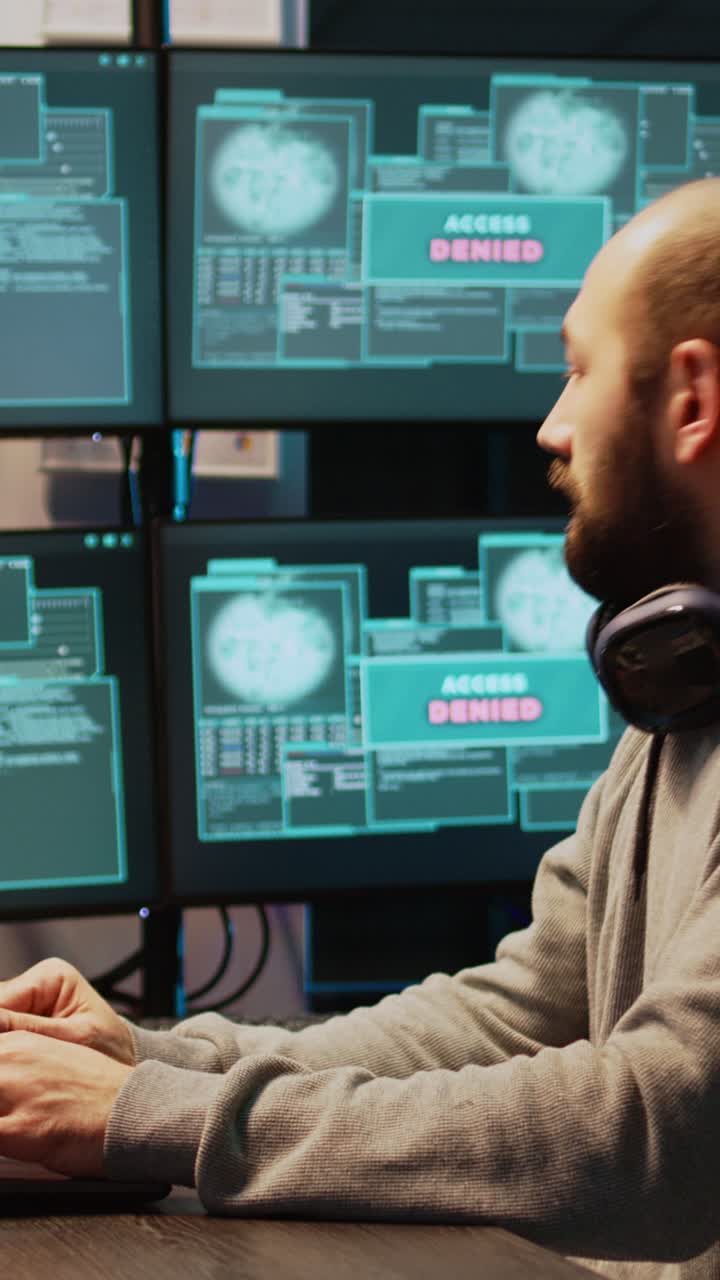 Vertical video: Stressed IT coder hacking security system on computer
