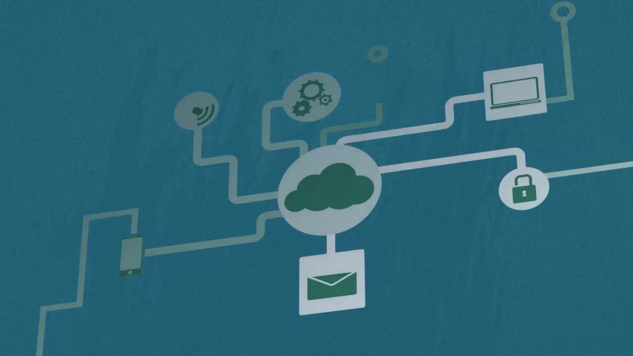 animación de la red de conexiones con iconos y nube sobre fondo azul.