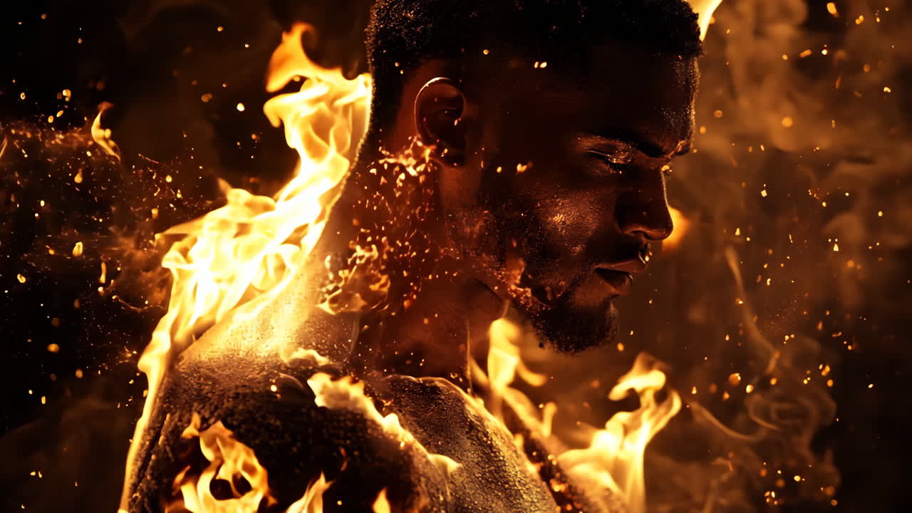 A man with a beard and a muscular body is standing in front of a fire. The fire is orange and yellow, and it is surrounded by a lot of smoke. The man's face is obscured by the smoke