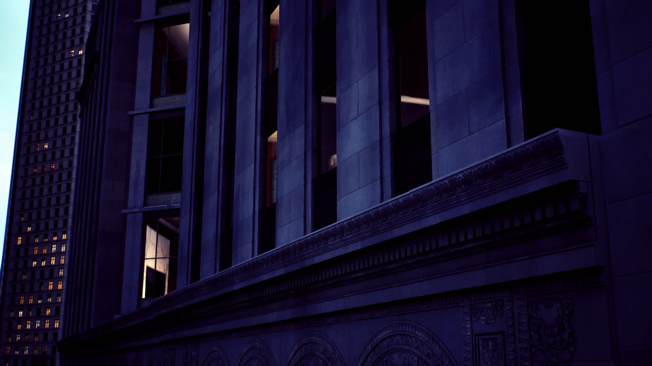 Modern architecture illuminated at dusk near urban city streets