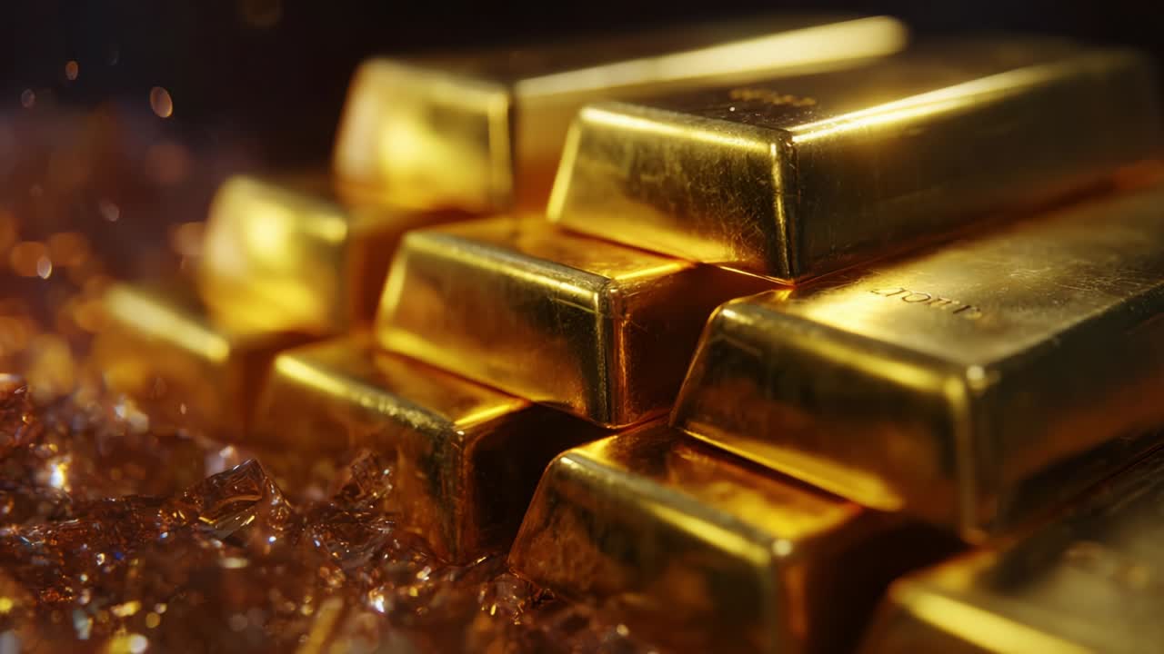 A Gleaming Pile of Gold Bars Shining Brightly in the Warm Glow, Reflecting Light Amidst a Bed of Glimmering Crystals, Symbolizing Wealth, Prosperity, and Luxurious Investment Opportunities