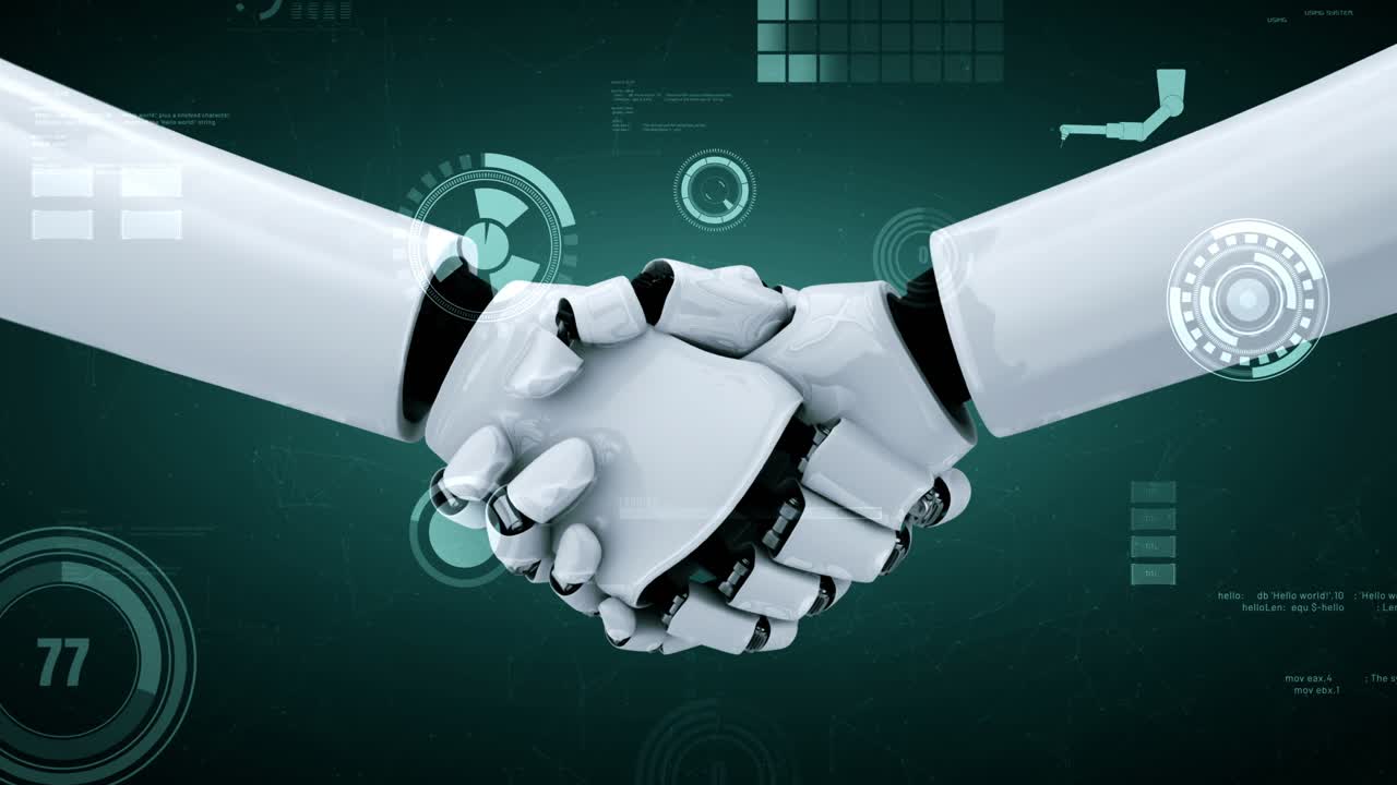 Robot futuristico intelligenza artificiale IA umanoide per fabbrica industriale