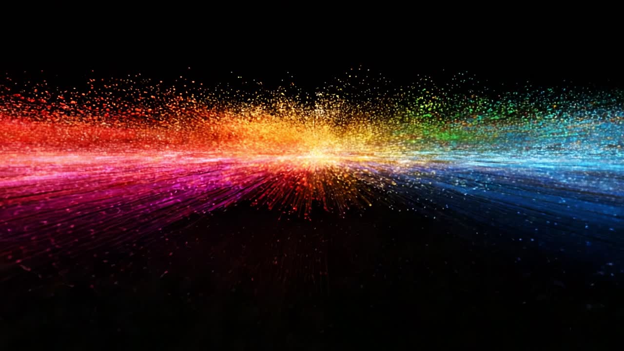 Una splendida rappresentazione di particelle colorate e luce scintillante su uno sfondo scuro, che crea un'esperienza visiva ipnotica che cattura i sensi e stimola la creatività