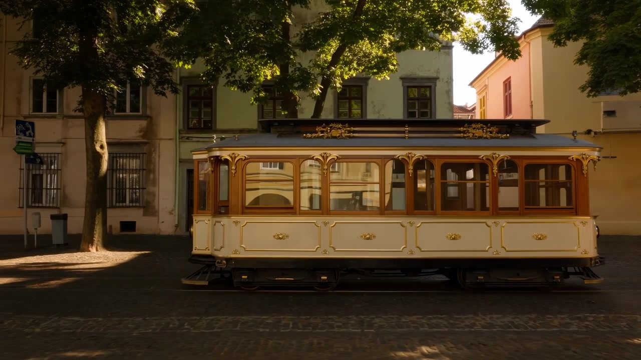 Eine Vintage-Straßenbahn ist auf einer ruhigen Stadtstraße mit alten Gebäuden, belaubten Bäumen und warmem Sonnenlicht zu sehen, das sanfte Schatten auf den Bürgersteig wirft.
